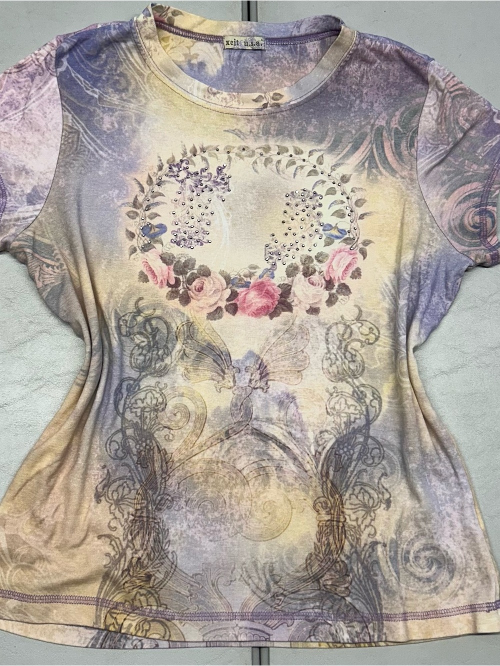 Floral Crystal Accent Short Sleeve Top in Pastel Purple